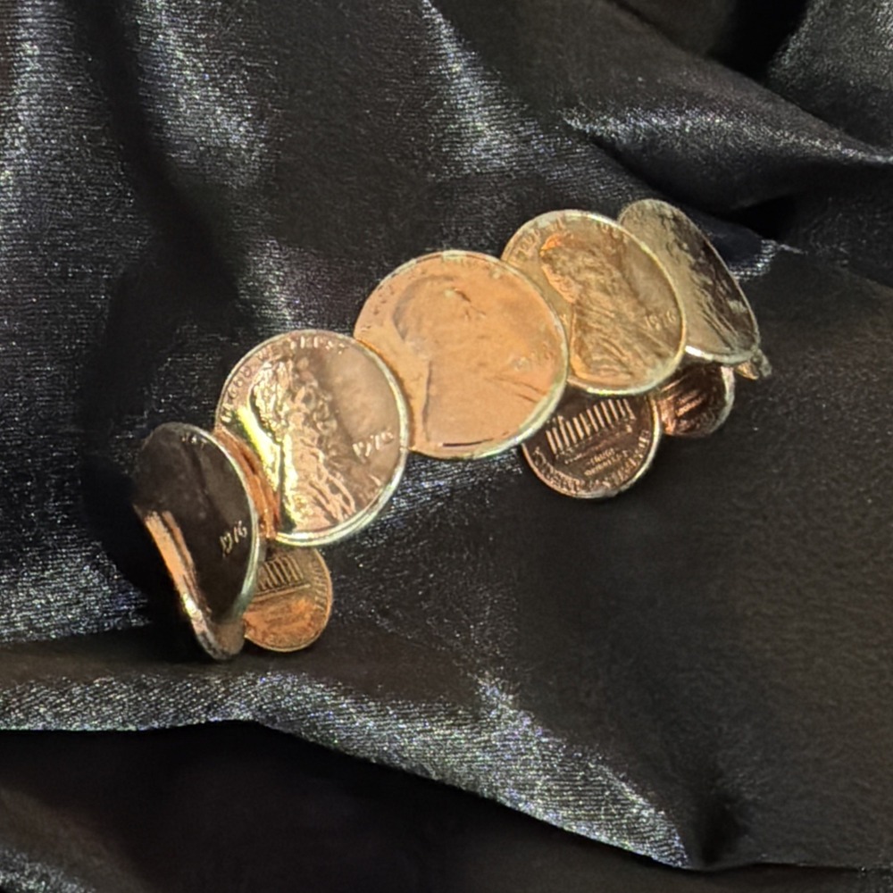 Vintage 1976 Copper Penny Silver Brazing Bracelet Lincoln Cent Coin Cuff Jewelry